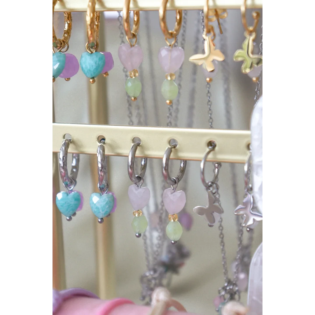 Earrings Rose Quartz Heart & Peridot - Silver