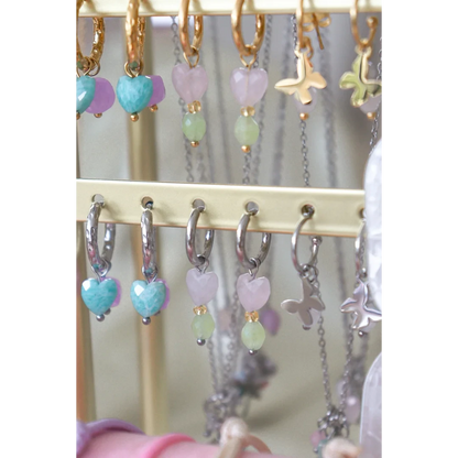 Earrings Rose Quartz Heart & Peridot - Silver