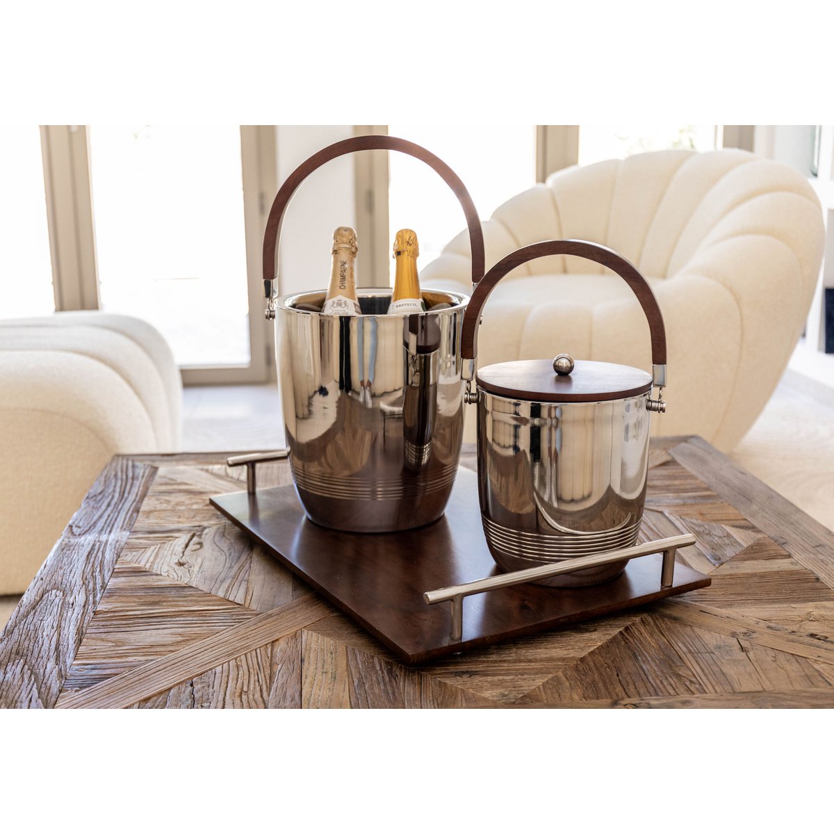 DOUBLE WALL ICE BUCKET WITH WOODEN HANDLE AND LID 19X19X24CM