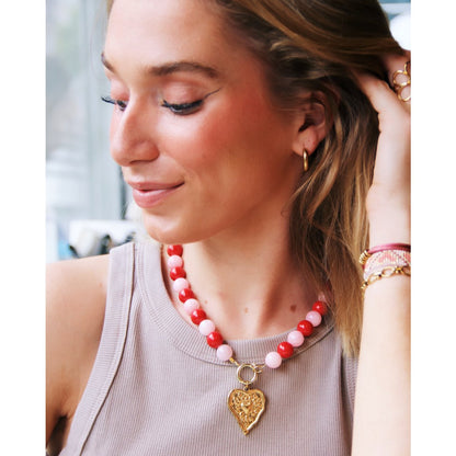 Natural stone bead necklace XL - red/pink