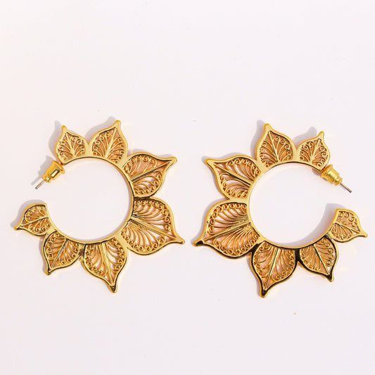 Filigree Style Lotus Flower Hoop Earrings