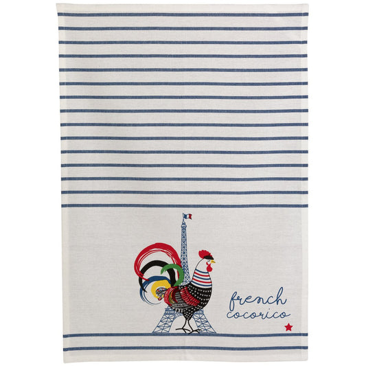 Recycled tea towel French Cocorico Ecru/blue 50 x 70