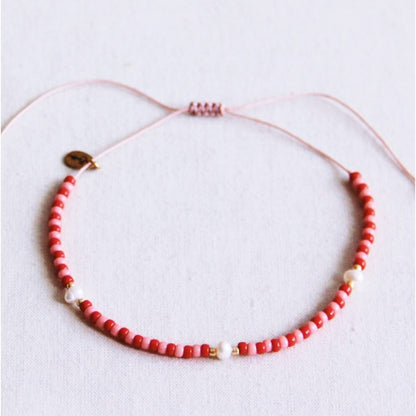 Miyuki anklet with pearls - red/pink