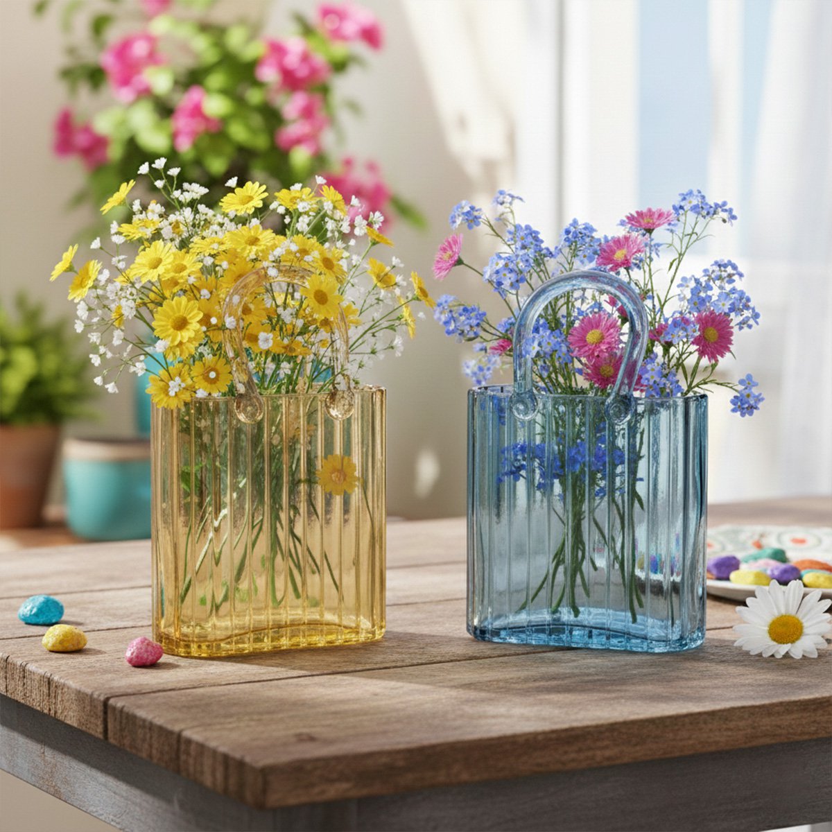 Transparent yellow handbag vase 18x10x27cm