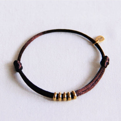 Satin bracelet with rings – dark brown/gold