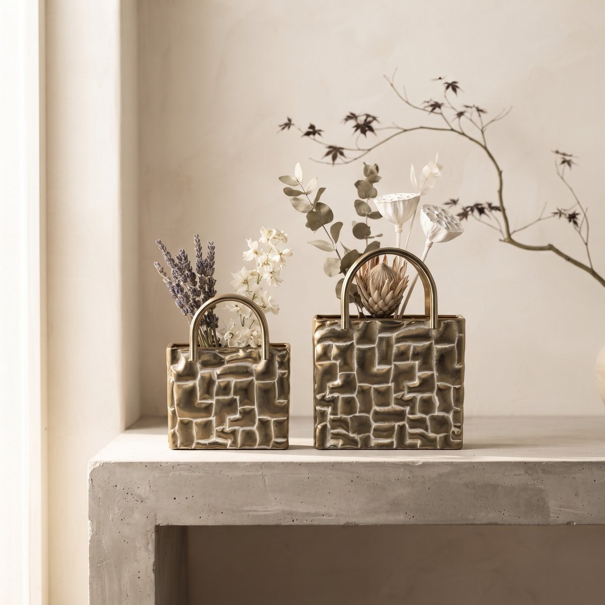 Gold metal handbag vases - set of 2