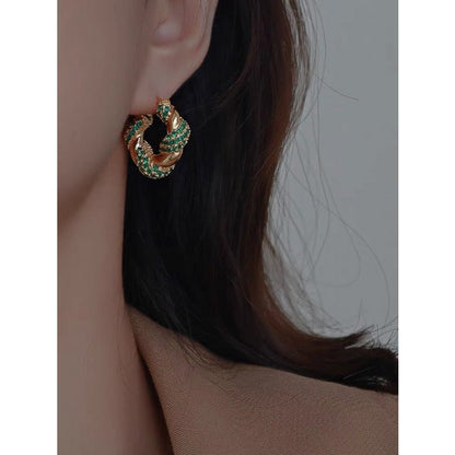 Vintage Styled Braided Earrings - Green Stones