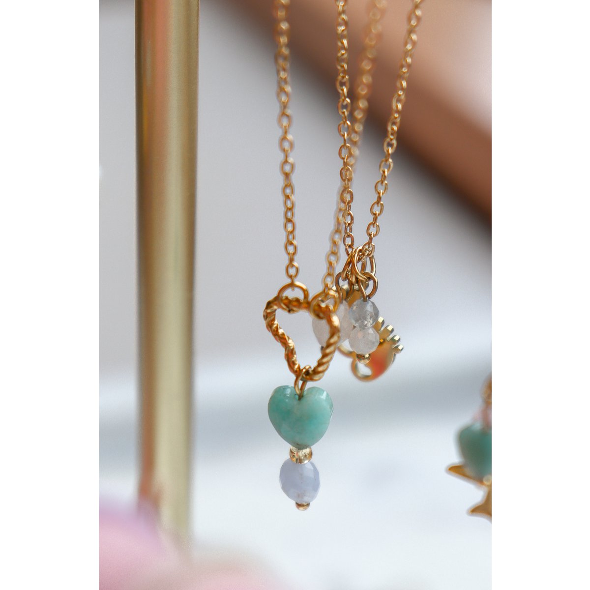 Necklace Twisted Heart, Amazonite and Aquamarine - Gold