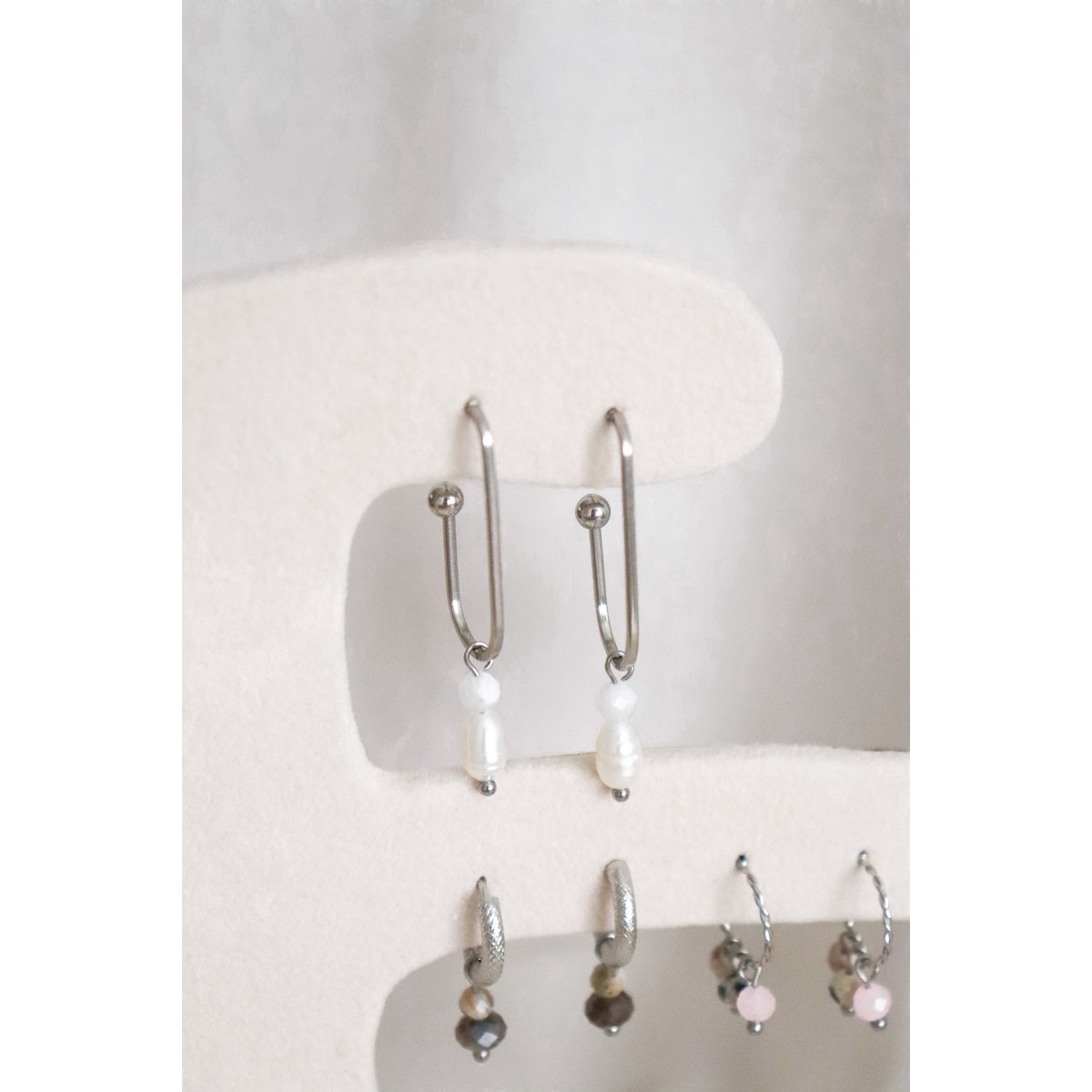 Pearl and Moonstone Elongated Earrings - Silver