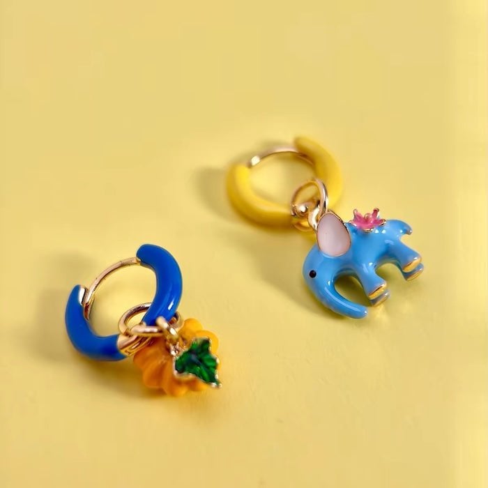 Enchanted Elephant & Pumpkin Enamel Hoop Earrings