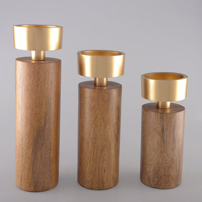 WOOD & GOLD METAL CANDLE HOLDER 19CM