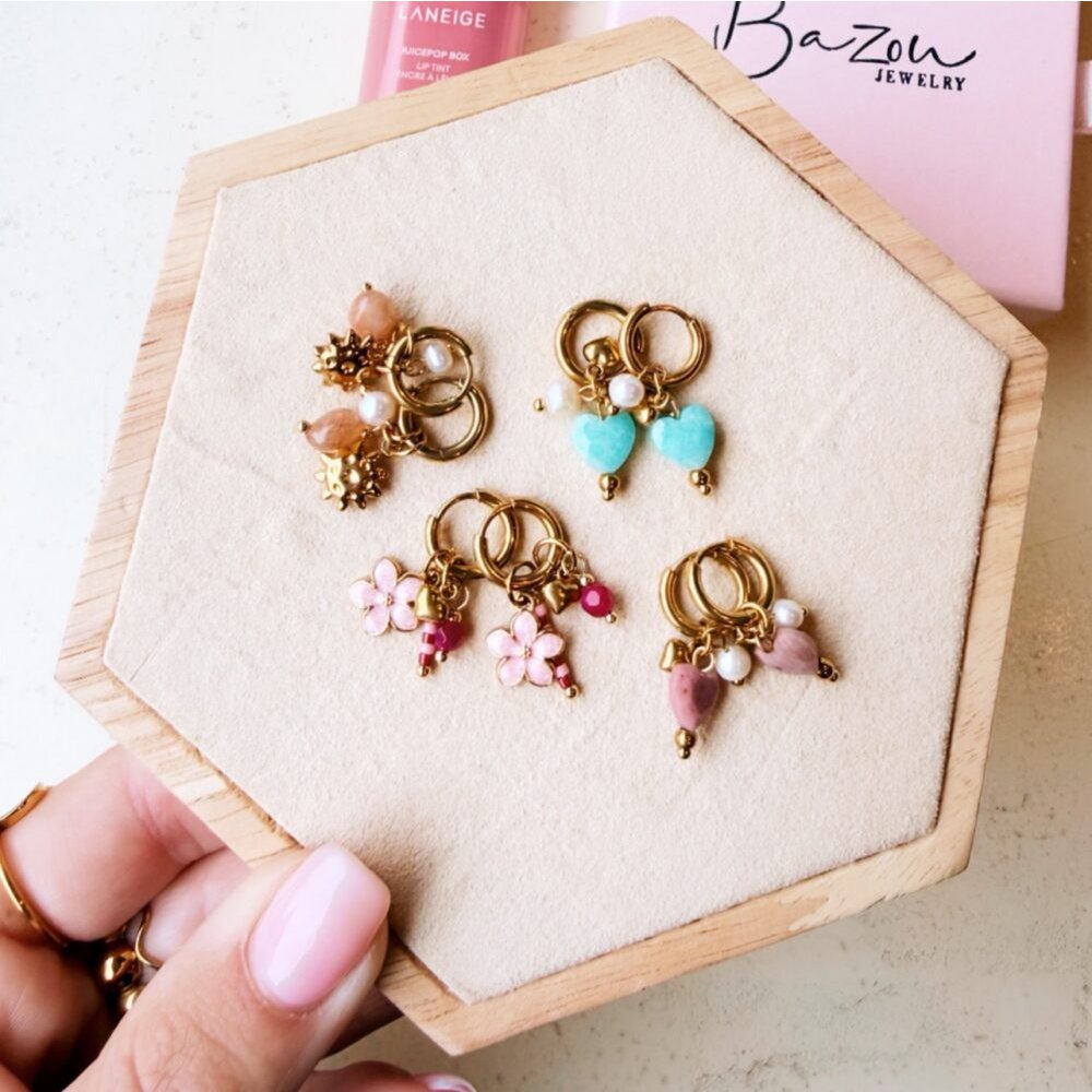 Stainless steel hoop earrings with pink flower, mini heart and stones - pink