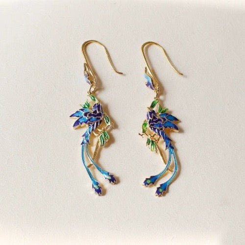 Chinese Royal Cloisonné Earrings-Phoenix n Flower