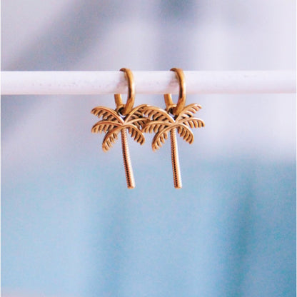 Stainless steel hoop earrings with palm tree
