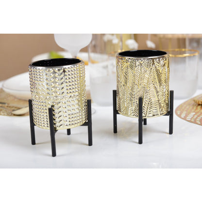 CANDLE HOLDER GOLD LEAF BLACK FOOT