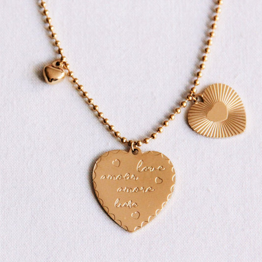 Ballchain charm necklace with 3 hearts