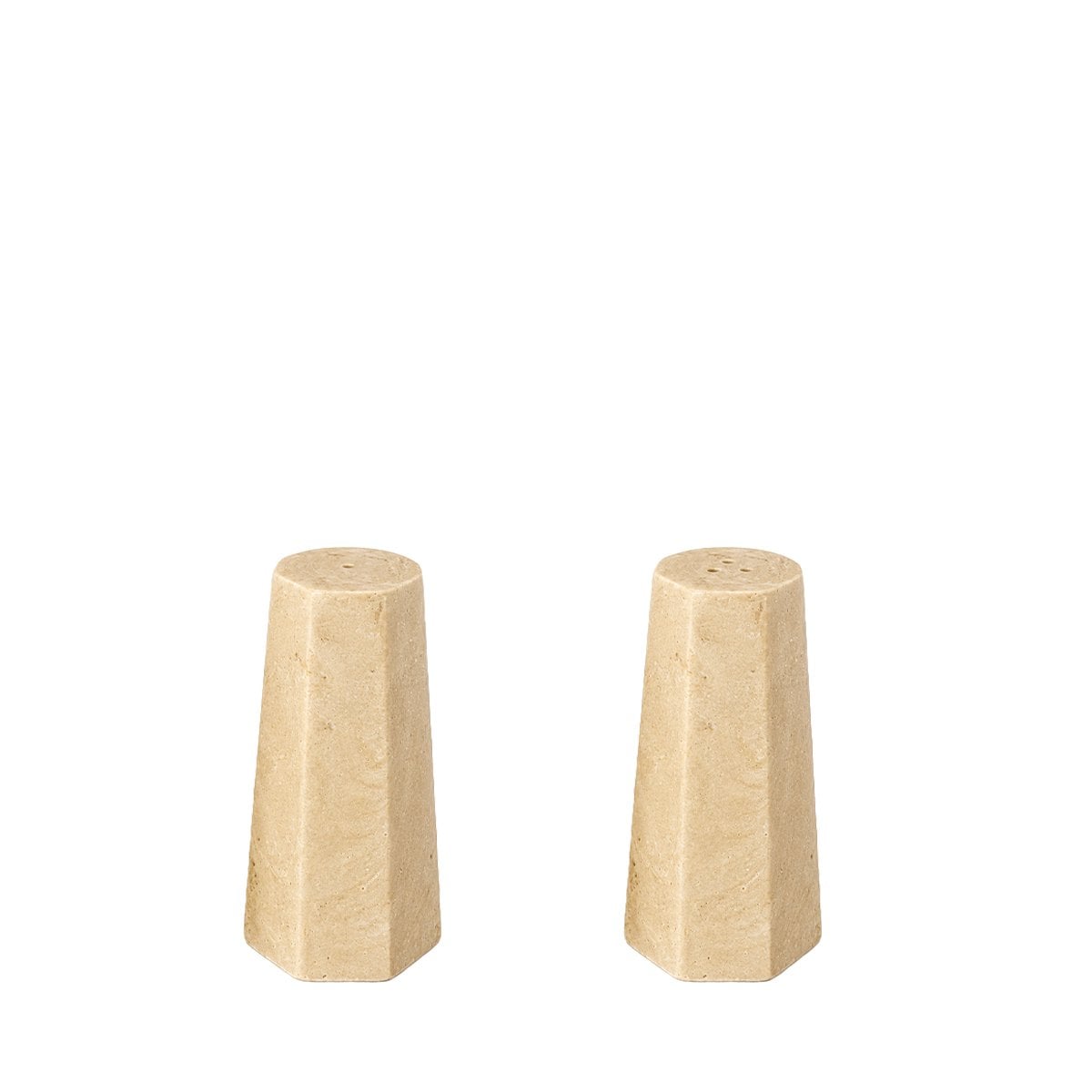 Salt and pepper shakers in travertine effect resin