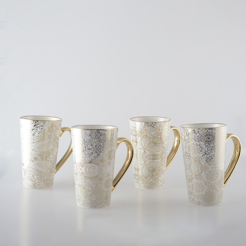 WHITE MUGS ABSTRACT DESIGN - SET OF 4