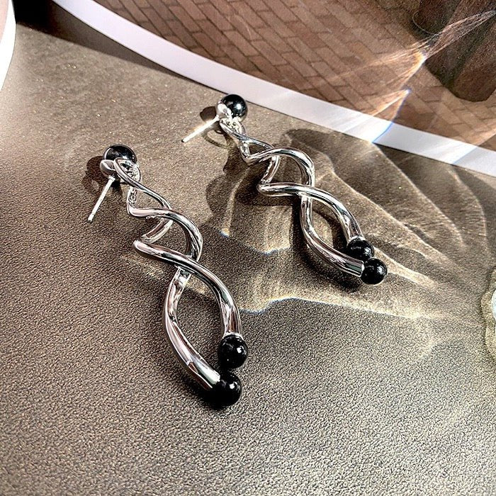 Silver Spiral Line Earrings with Black Stone