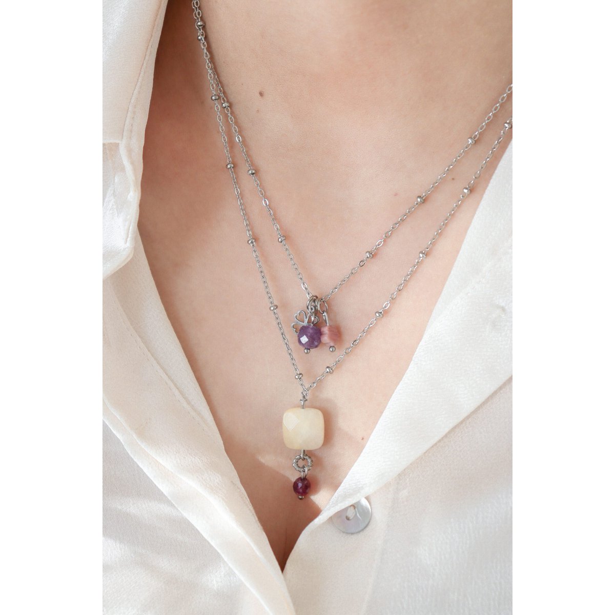 Amethyst, Rhodochrosite & Four Leaf Clover Necklace - Silver