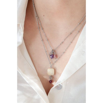 Amethyst, Rhodochrosite & Four Leaf Clover Necklace - Silver