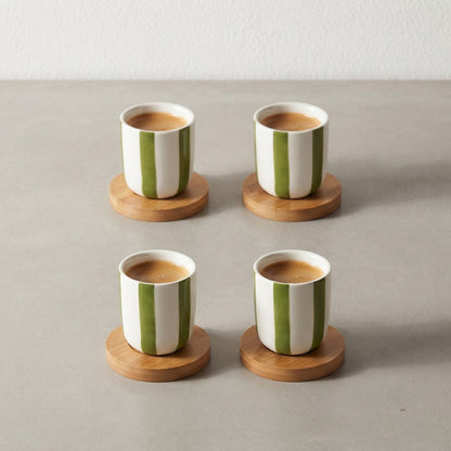 Green striped coffee cups with wooden saucers - set of 4