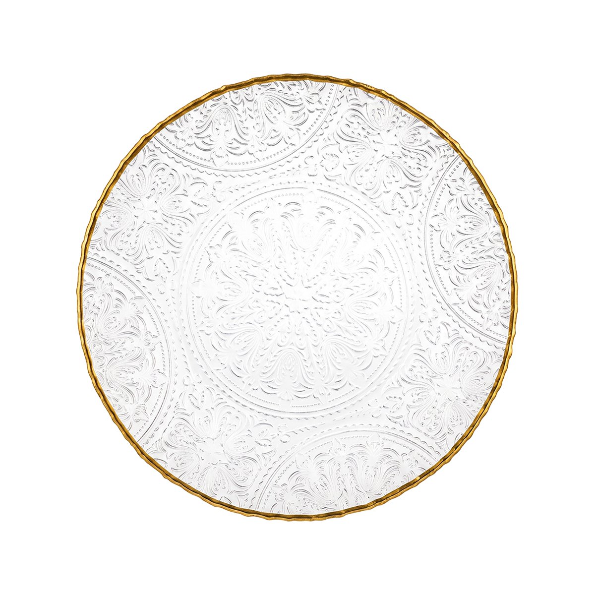 Lace pattern glass presentation plate with gold edge