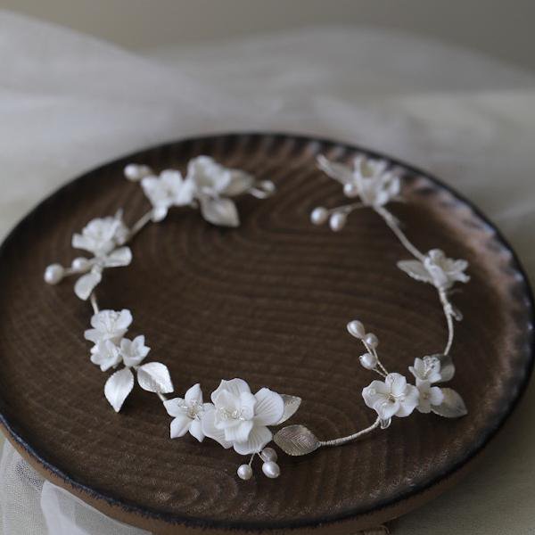 Ceramic Bridal Hair Vine with Silver Leaves