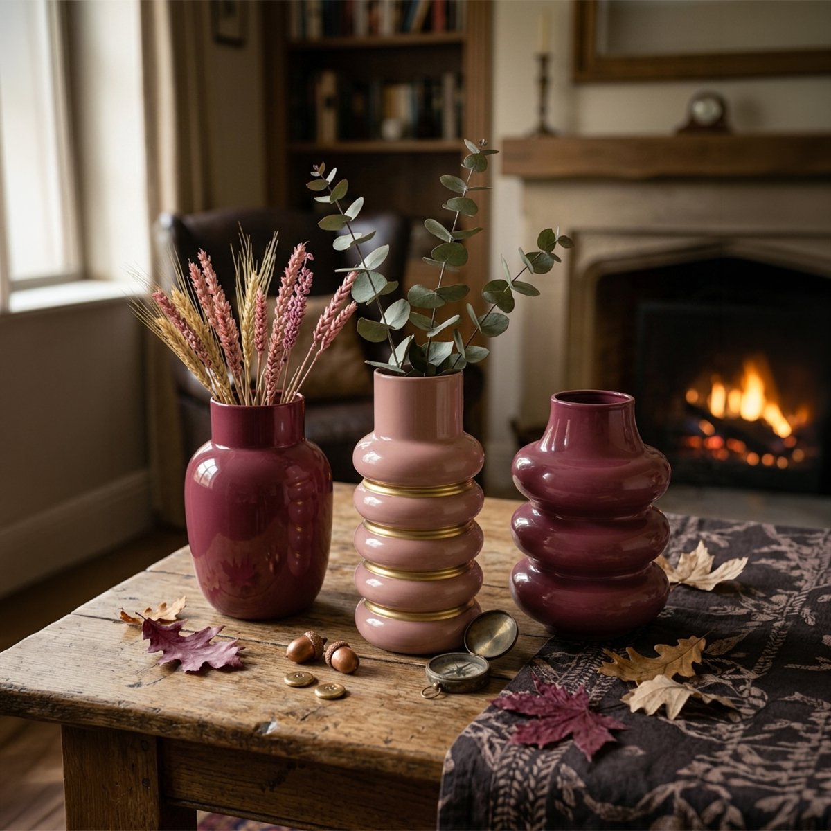 Corrugated burgundy metal vase 15x15x23cm