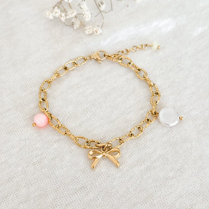 Bow, shell & jade bracelet - gold