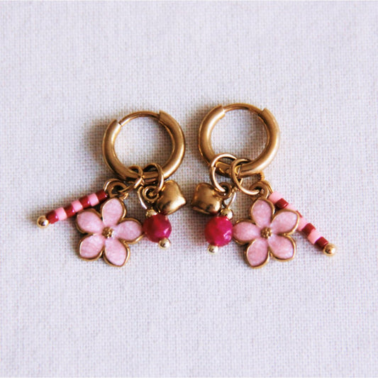 Stainless steel hoop earrings with pink flower, mini heart and stones - pink