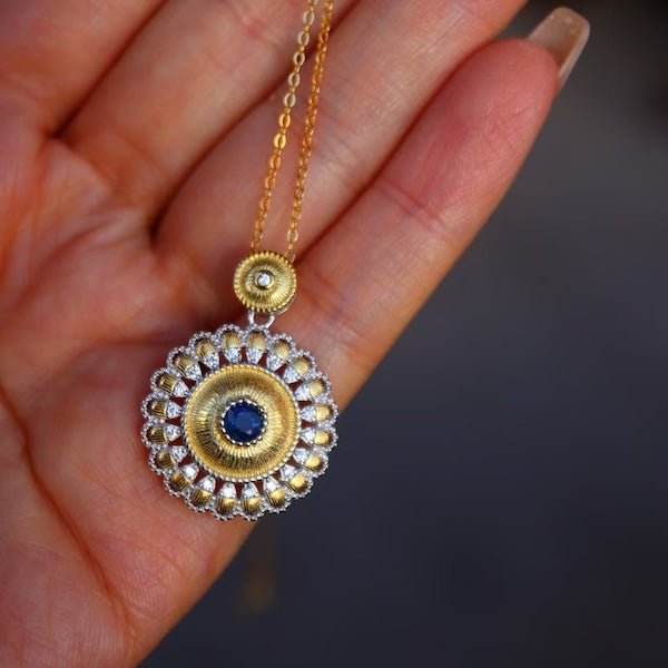 Real Sapphire Gold Flower Pendant Necklace