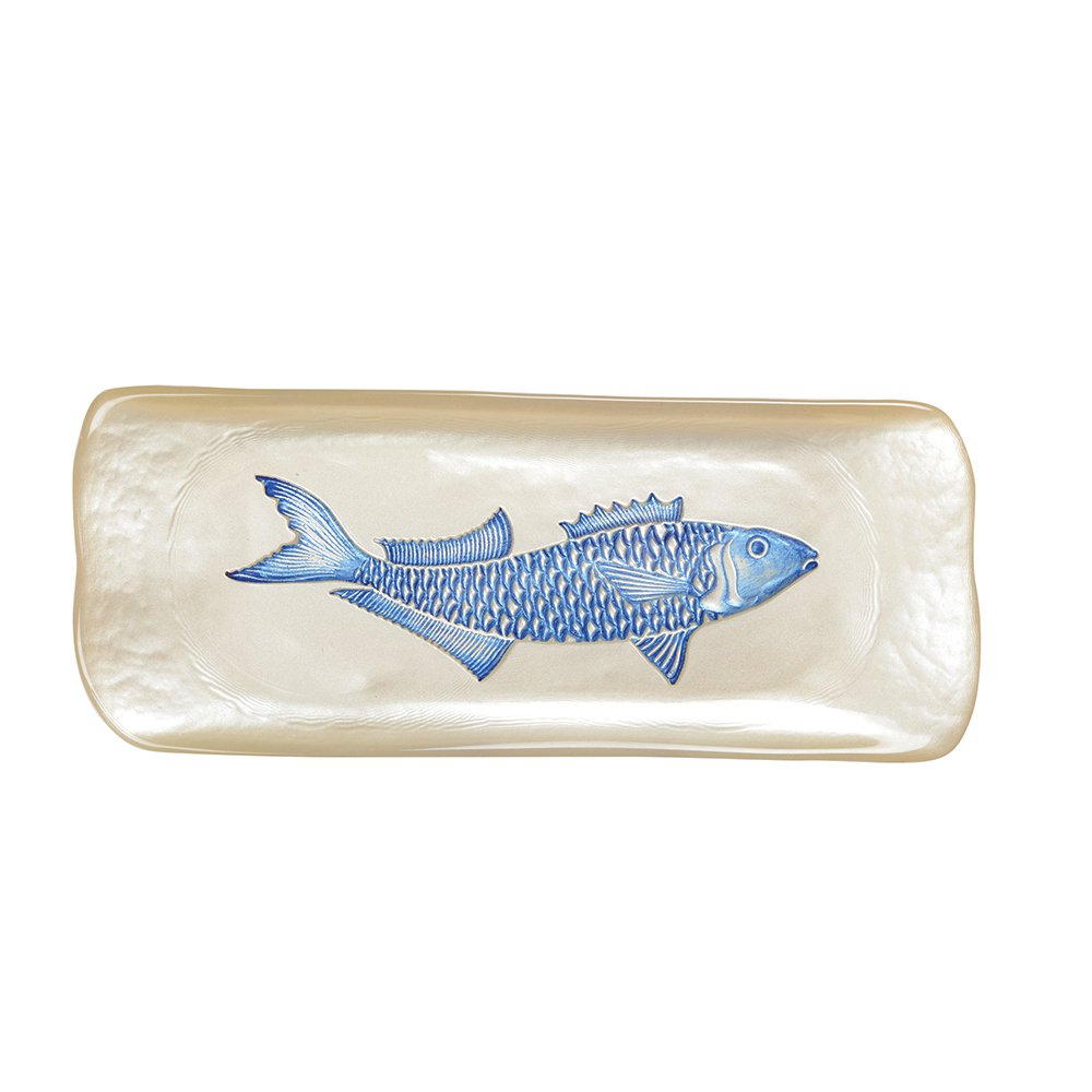 PLAT RECTANGULAIRE VANILLE AVEC POISSON BLEU 31X12.5X2.5CM