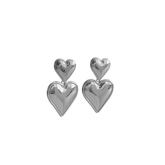 Double Heart Statement Earrings - Silver