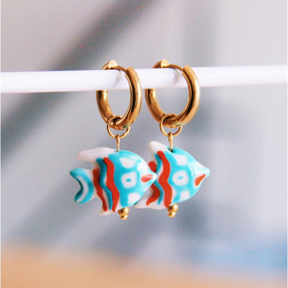 Stainless steel wide hoop earrings with ceramic fish