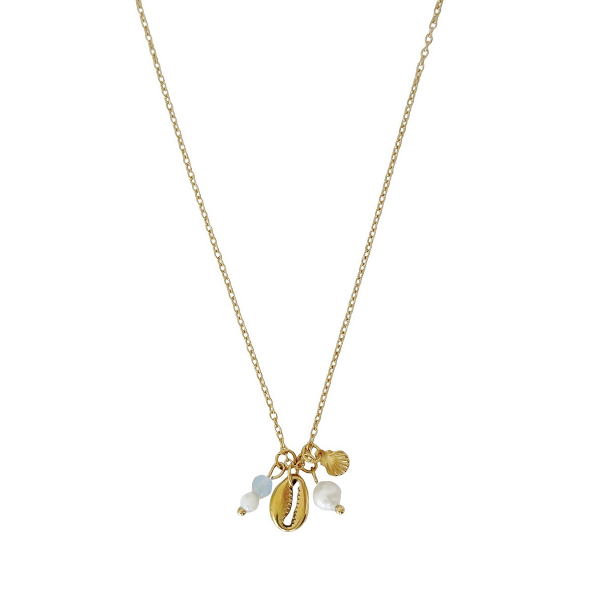 Shell Necklace Aquamarine and Pearl - Gold