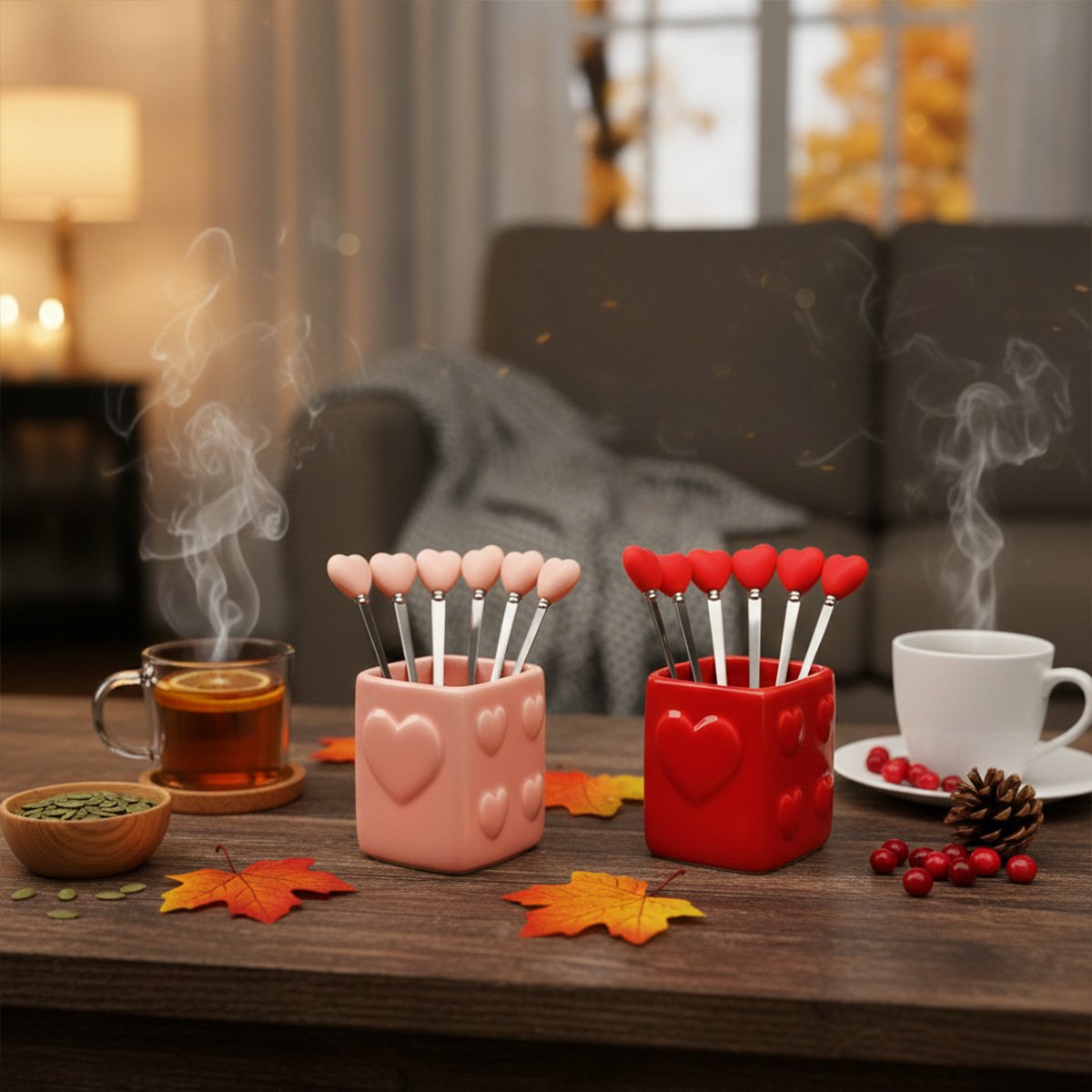 Pink teaspoons with holder - set of 6