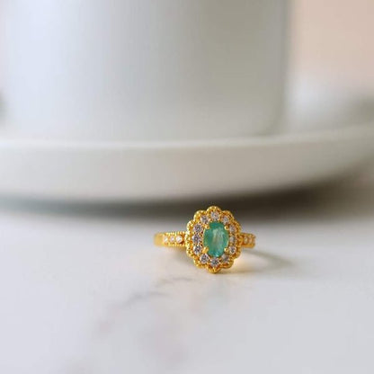 Emerald Gemstone Flower Ring - Real Emerald-adjustable