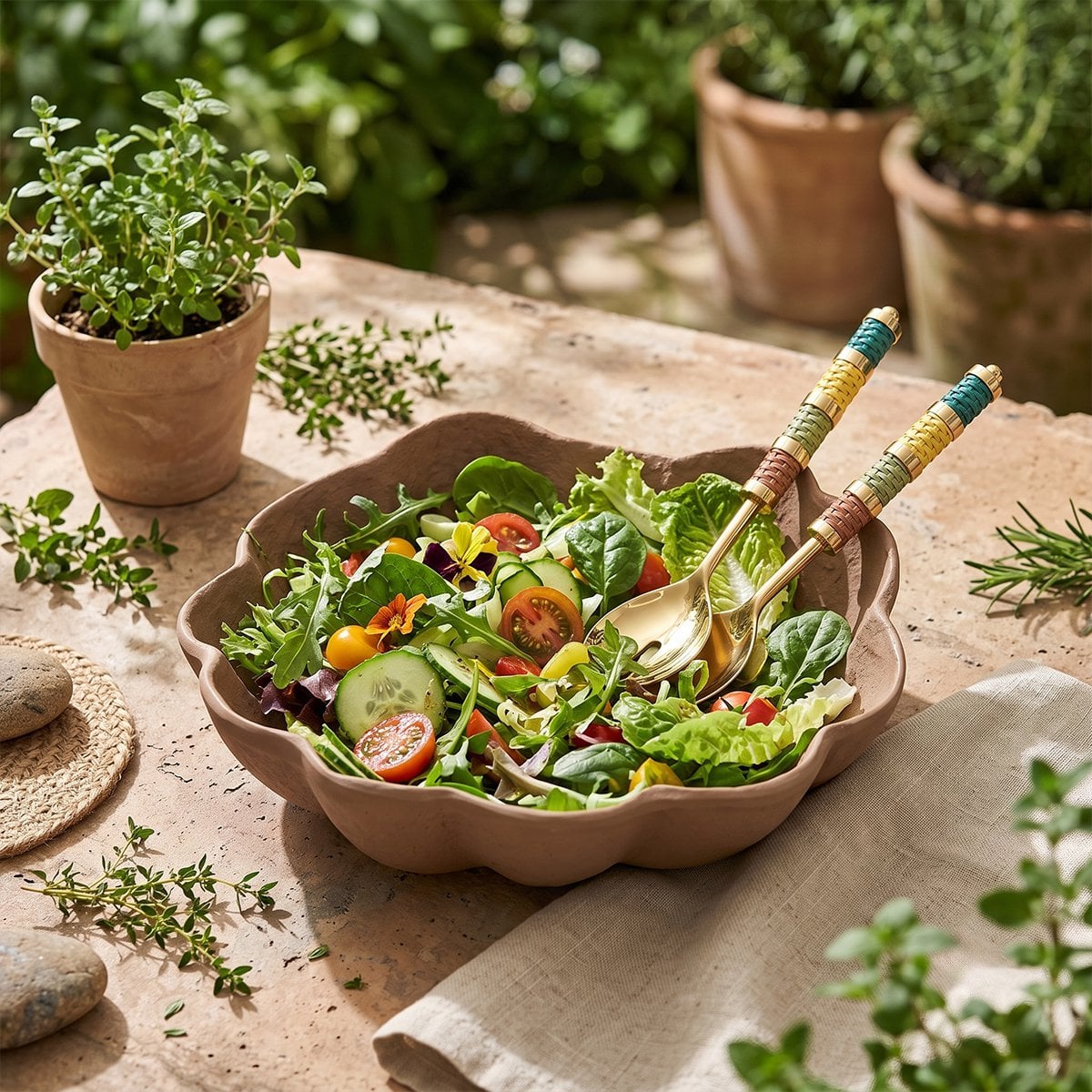 Gold salad servers with multi-colored braided handle