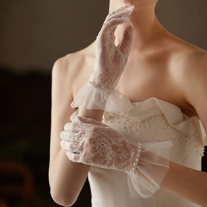 Delicate Lace Bride Gloves with Pearls-For slim hands