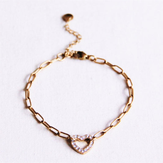 D-chain bracelet with rhinestone heart charm - gold