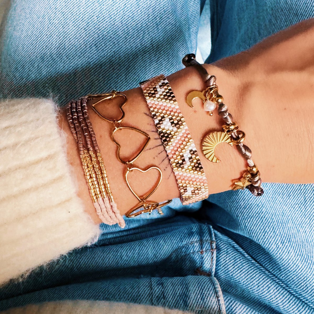 Weaving bracelet with zigzag and leopard print - salmon/brown/white