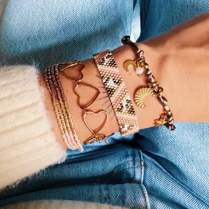 Weaving bracelet with zigzag and leopard print - salmon/brown/white