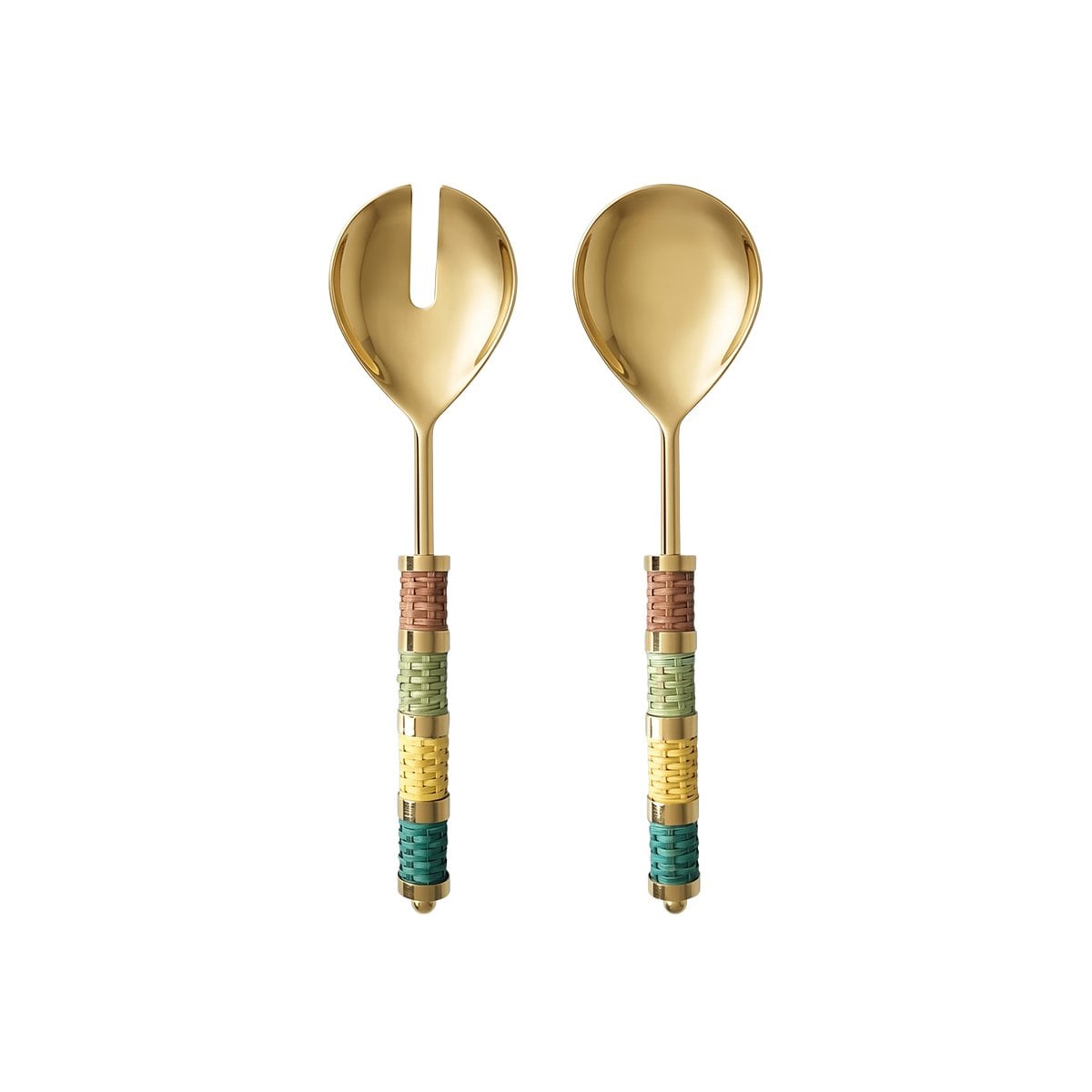 Gold salad servers with multi-colored braided handle