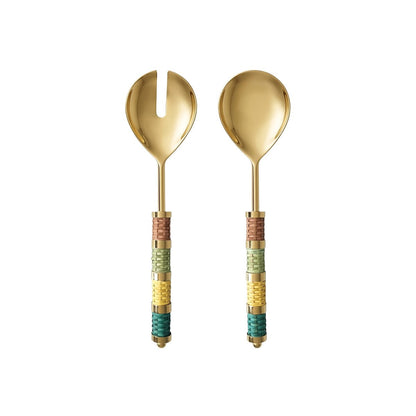 Gold salad servers with multi-colored braided handle