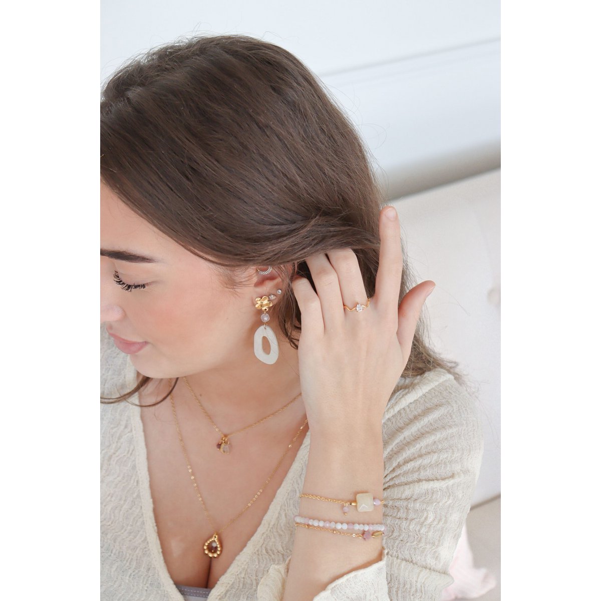 Flower & Rose Quartz Mother of Pearl Earrings - Gold