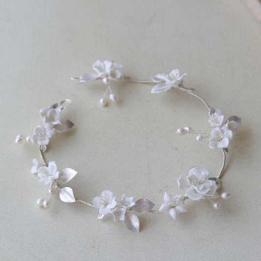 Ceramic Bridal Hair Vine with Silver Leaves