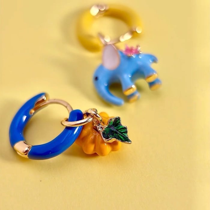 Enchanted Elephant & Pumpkin Enamel Hoop Earrings