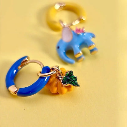 Enchanted Elephant & Pumpkin Enamel Hoop Earrings
