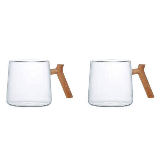 GLASS MUG WITH WOODEN HANDLE - SET OF 2